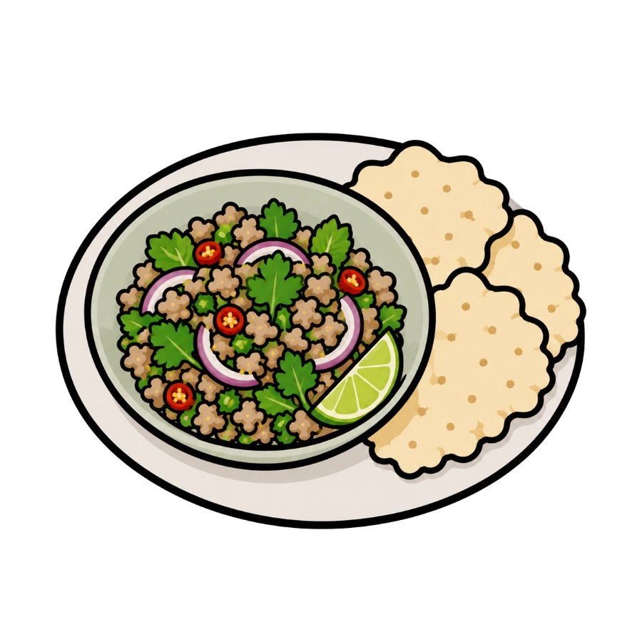 Pork laarb con cortezas de arroz